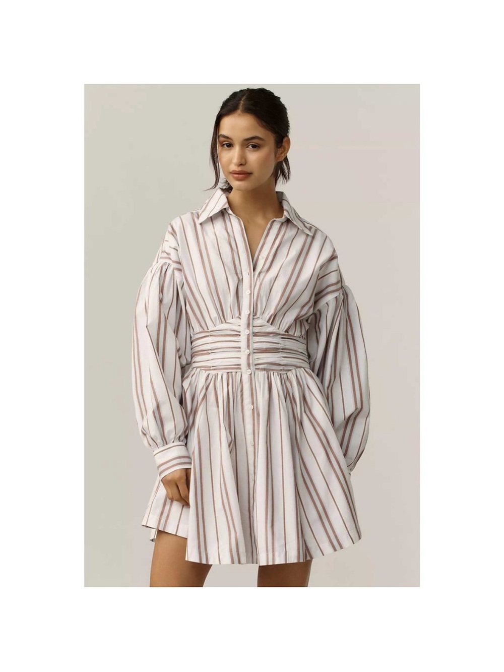 Anthropologie Button-Front Waist-Detail Mini Dress in White with stripes